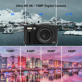 5K 4K Digital Camera for Photography, 75MP Photography Camera with Flip Screen 18X Zoom Autofocus 2 Batteries 32GB Card, Compact Travel Point and Shoot Digital Cameras for Beginners Teens